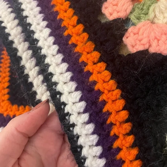 70s Inspired Large Handmade Crochet Throw Blanket Black (Vintage)